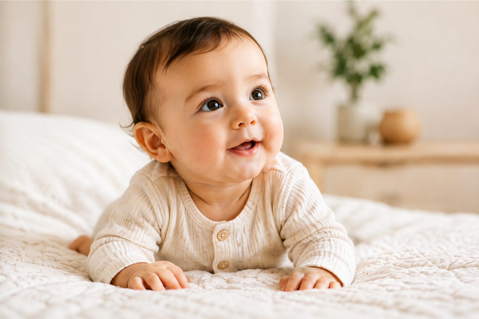A smiling baby lying on a bed, propped up on their forearms