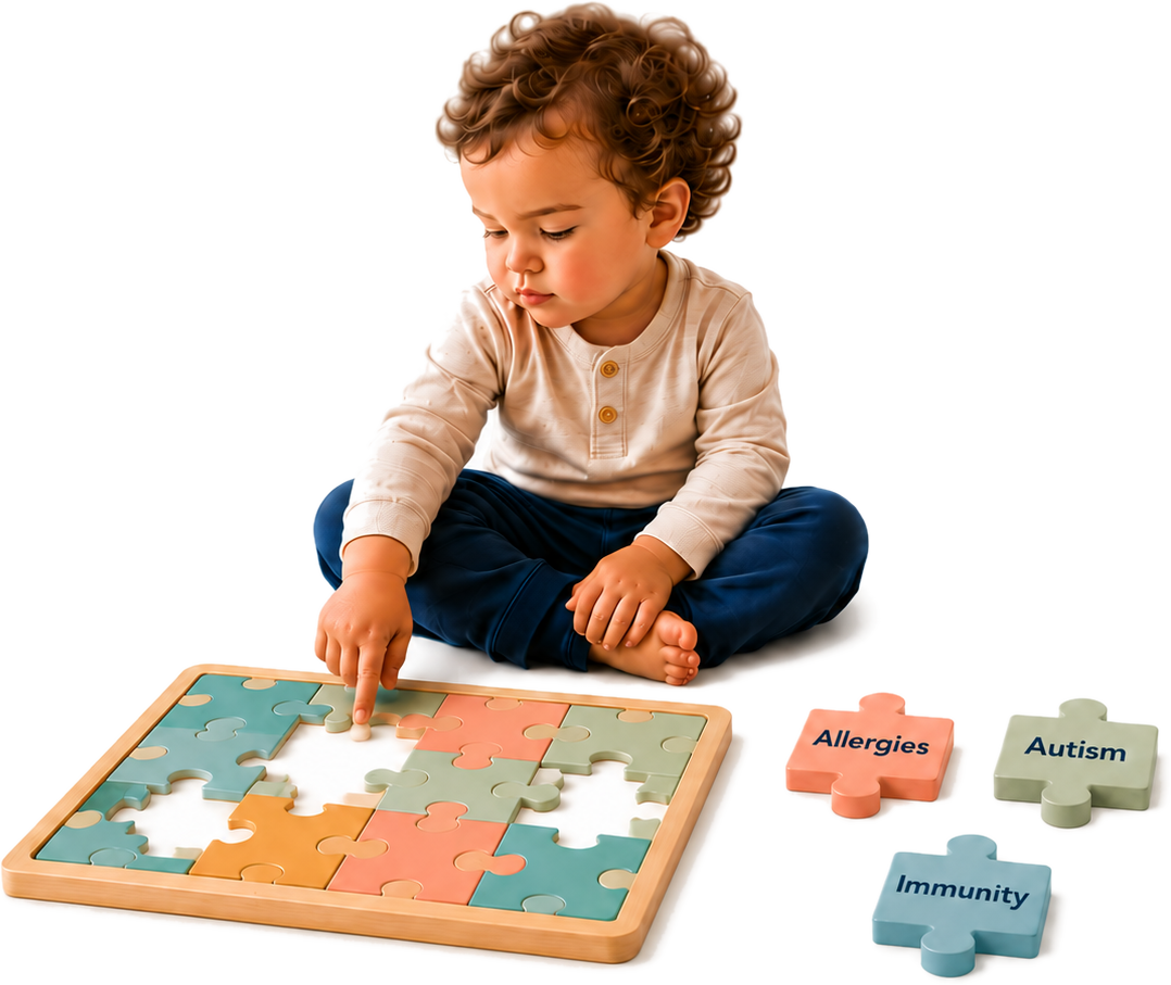 A toddler sitting on the floor working on a wooden puzzle, with loose pieces labelled Allergies, Autism, and Immunity beside them